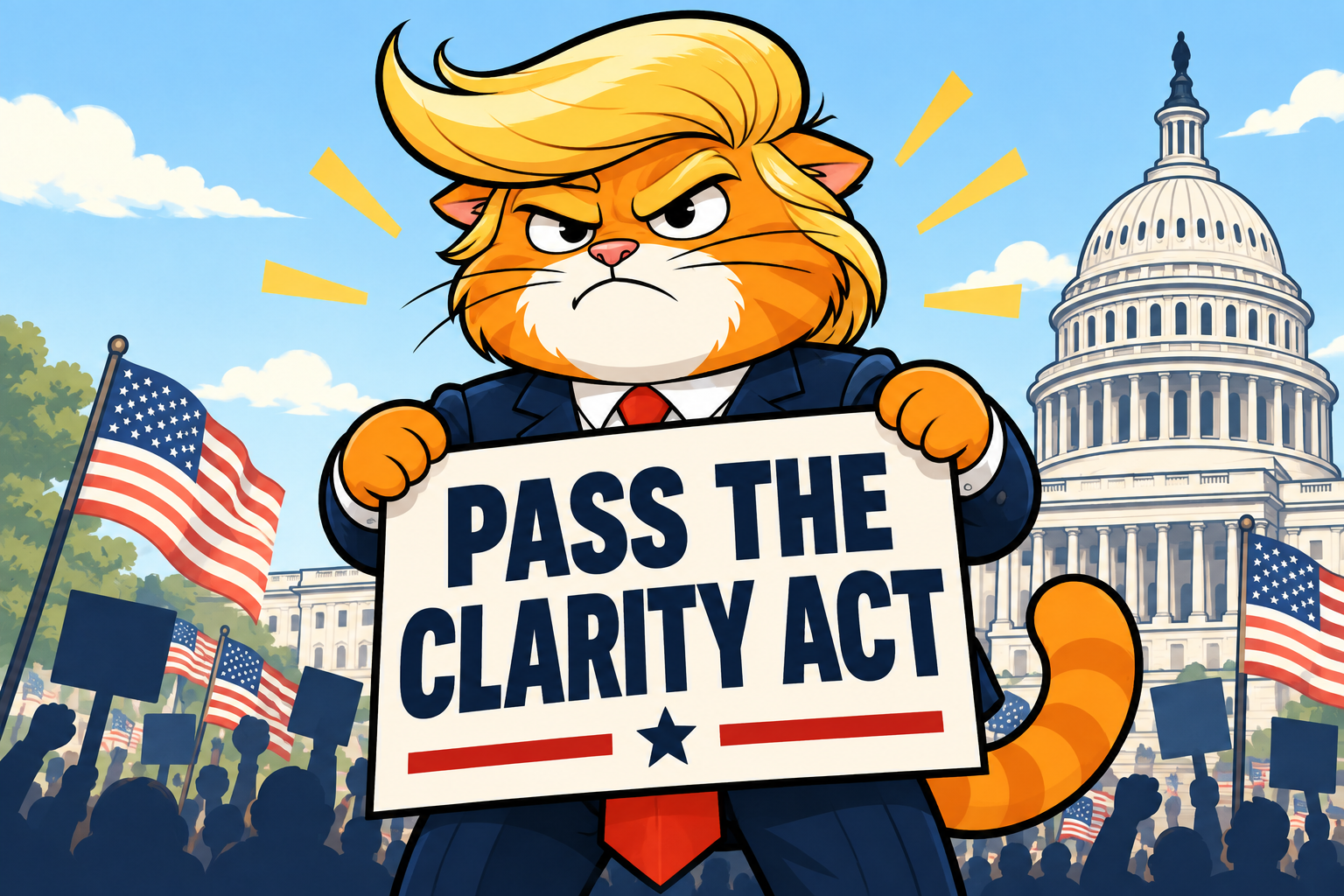 An angry orange cartoon cat with a huge blond wig and red tie, peacefully demanding passage of the Clarity Act with a protest sign.
