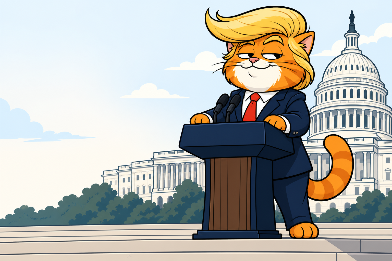 An orange cartoon cat with an enormous Trump-style blond wig and a red tie, standing at a podium in front of the Capitol.